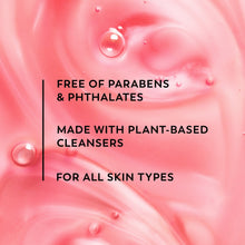Body wash formula panel on pink swirl: free of parabens and phthalates