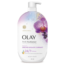 Olay Fresh Radiance body wash bottle with orchid & black currant, 35 oz pump top