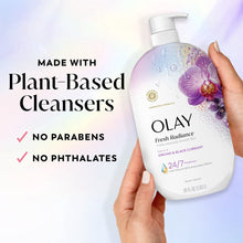 Body wash bottle held in hand with orchid & black currant, plant-based cleansers