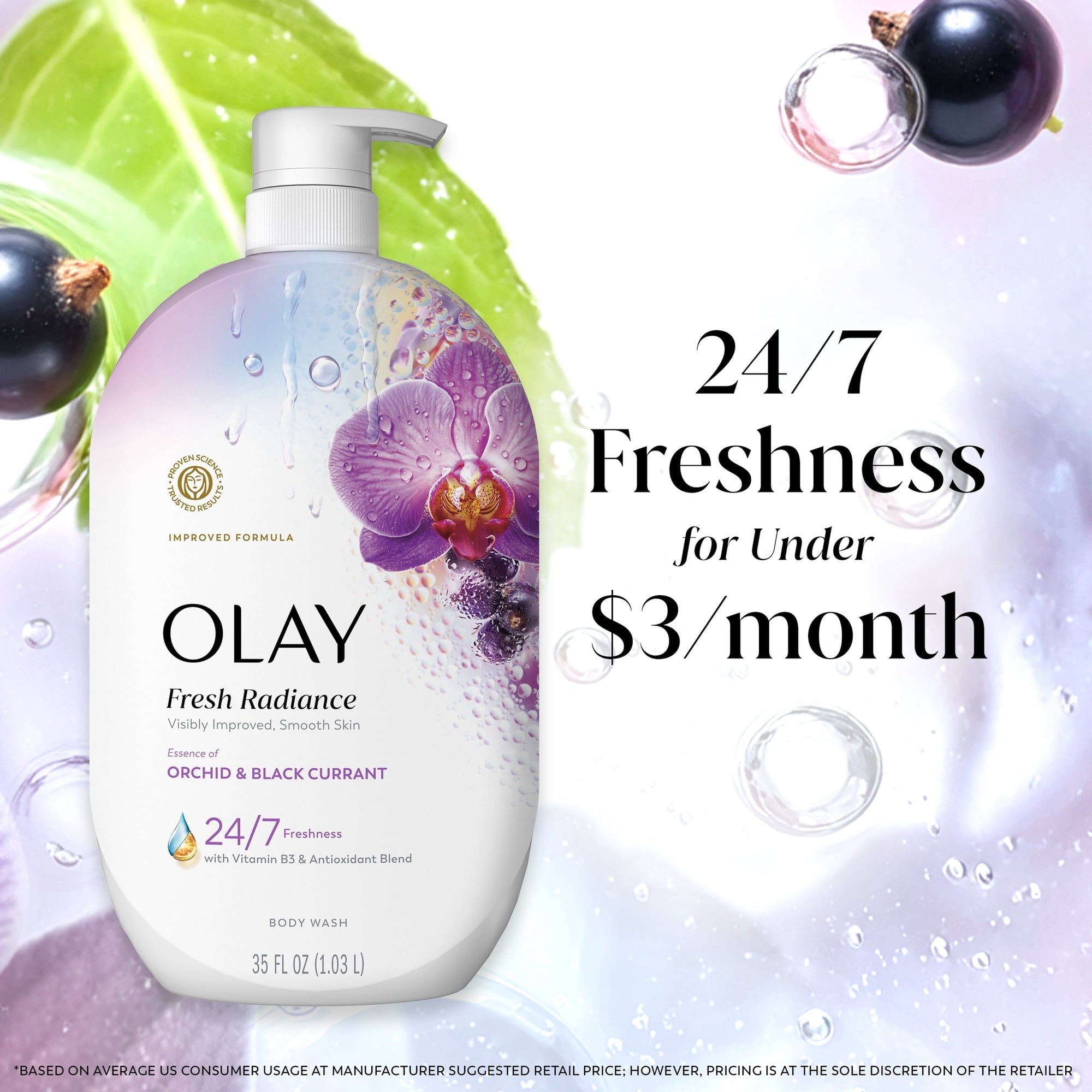 Olay Fresh Radiance Body Wash, Orchid & Black Currant, with Vitamin B3, 35oz