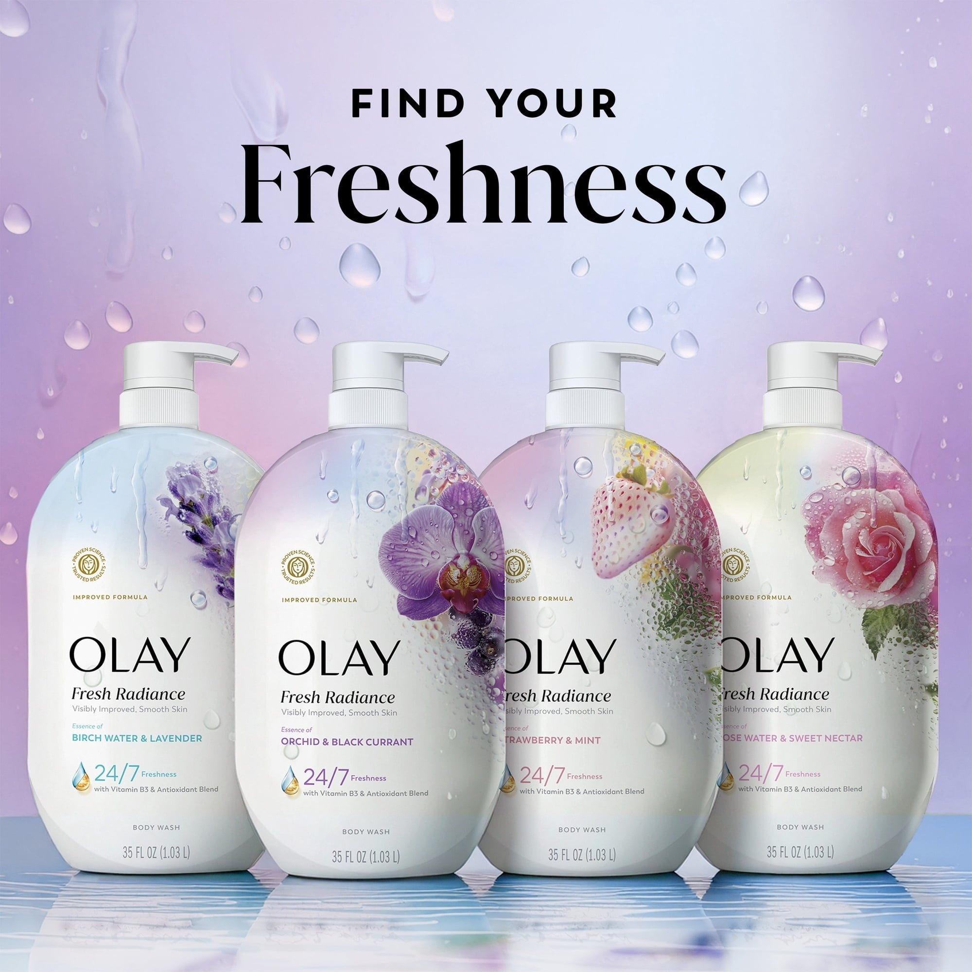 Olay Fresh Radiance Body Wash, Orchid & Black Currant, with Vitamin B3, 35oz