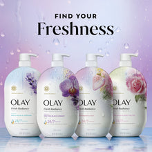 Four body wash bottles with pump dispensers, fresh 24/7 freshness