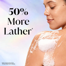 Body wash lather marketing image with woman covered in white suds on shoulder
