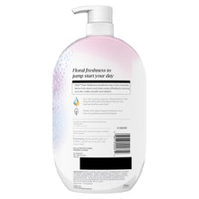 Olay Fresh Radiance body wash pump bottle, back label side, orchid & black currant