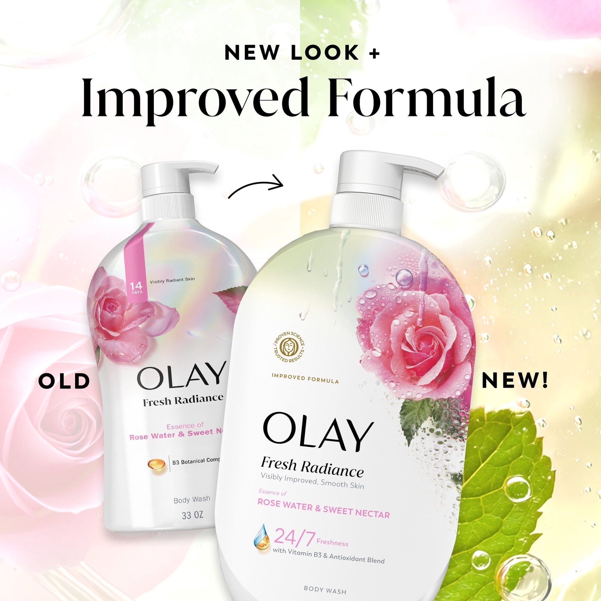Olay Fresh Radiance Body Wash, Rose Water & Sweet Nectar, with Vitamin B3, 35oz
