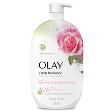 Olay Fresh Radiance body wash bottle with rose water graphic and pump