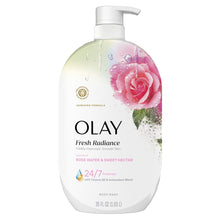 Olay Fresh Radiance body wash bottle with pump, rose flower design