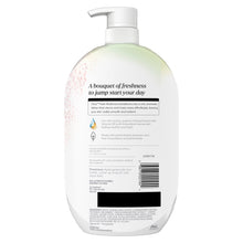 Olay Fresh Radiance body wash bottle with pump, ingredient panel on back