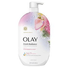 Body wash pump bottle, strawberry and mint label on front, white plastic, 35 oz size