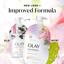 Two Olay Fresh Radiance body wash bottles with pump dispensers, improved formula