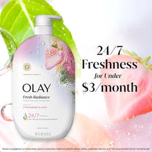 Olay Fresh Radiance body wash bottle with pump, strawberry & mint, 35 oz