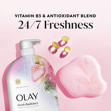 Olay Fresh Radiance body wash bottle with pump and pink gel dollop
