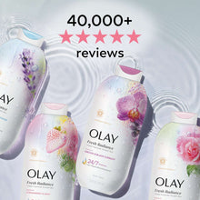 Assorted Olay Fresh Radiance body wash bottles with star rating graphic