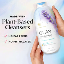 Olay Fresh Radiance body wash bottle held in hand