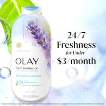 Olay Fresh Radiance body wash bottle with green leaf accents and water bubbles