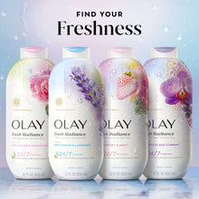 Assorted Olay Fresh Radiance body wash bottles in a lineup