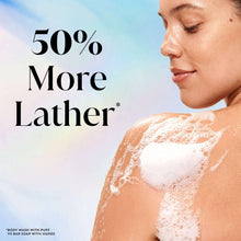 Body wash lather on shoulder with foam application close-up