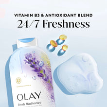 Olay Fresh Radiance body wash bottle with soap-like gel and bubbles