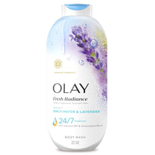 Olay Fresh Radiance body wash bottle with purple lavender flowers graphic