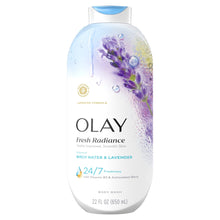 Olay Fresh Radiance body wash bottle, birch water & lavender scent, front view