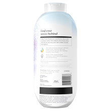Olay Fresh Radiance body wash bottle, back label with directions, birch water & lavender