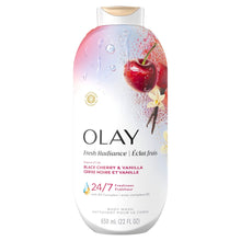 Body wash bottle with pink label, black cherry & vanilla essence graphic, 24/7 freshness