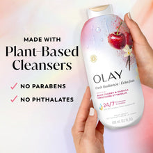 Olay Fresh Radiance body wash bottle, pink liquid, cherry and vanilla fragrance