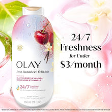 Body wash bottle with black cherry & vanilla label and 24/7 freshness offer text