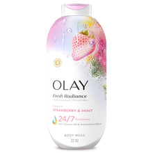 Olay Fresh Radiance body wash bottle front, Strawberry & Mint, 24/7 freshness