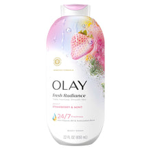 Olay Fresh Radiance body wash bottle, Strawberry & Mint, 24/7 freshness