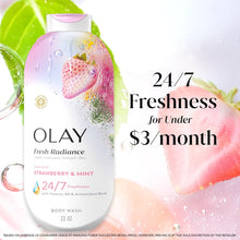 Olay Fresh Radiance body wash bottle, Strawberry & Mint, 24/7 freshness