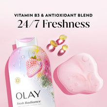 Olay Fresh Radiance body wash bottles with pink gel and strawberry fruit details