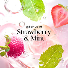 Strawberry and mint body wash with fresh fruit slices, mint leaves, and water droplets