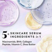 Body wash skincare drops around oval caps, featuring 5-in-1 skincare ingredients text