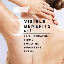 Body wash lather spread on bare torso skin, visible 24/7 hydration text