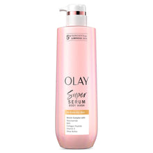 Body wash bottle with white pump and pink liquid, Olay Super Serum style