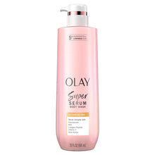 Olay Super Serum body wash bottle with pump, pink liquid, 20 fl oz