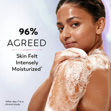 Person with foamy body wash on shoulders; “96% agreed” and moisture text