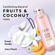 Body wash bottle with white pump next to fruit and coconut notes illustration