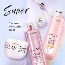 Body wash set with pink bottles, pump, and a cream jar labeled Super