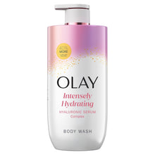 Olay body wash bottle with pink cap and Intensely Hydrating label
