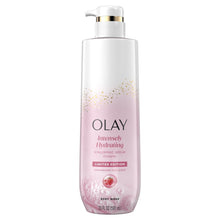 Olay intensely hydrating body wash bottle with pump, strawberry fizz scent, front view