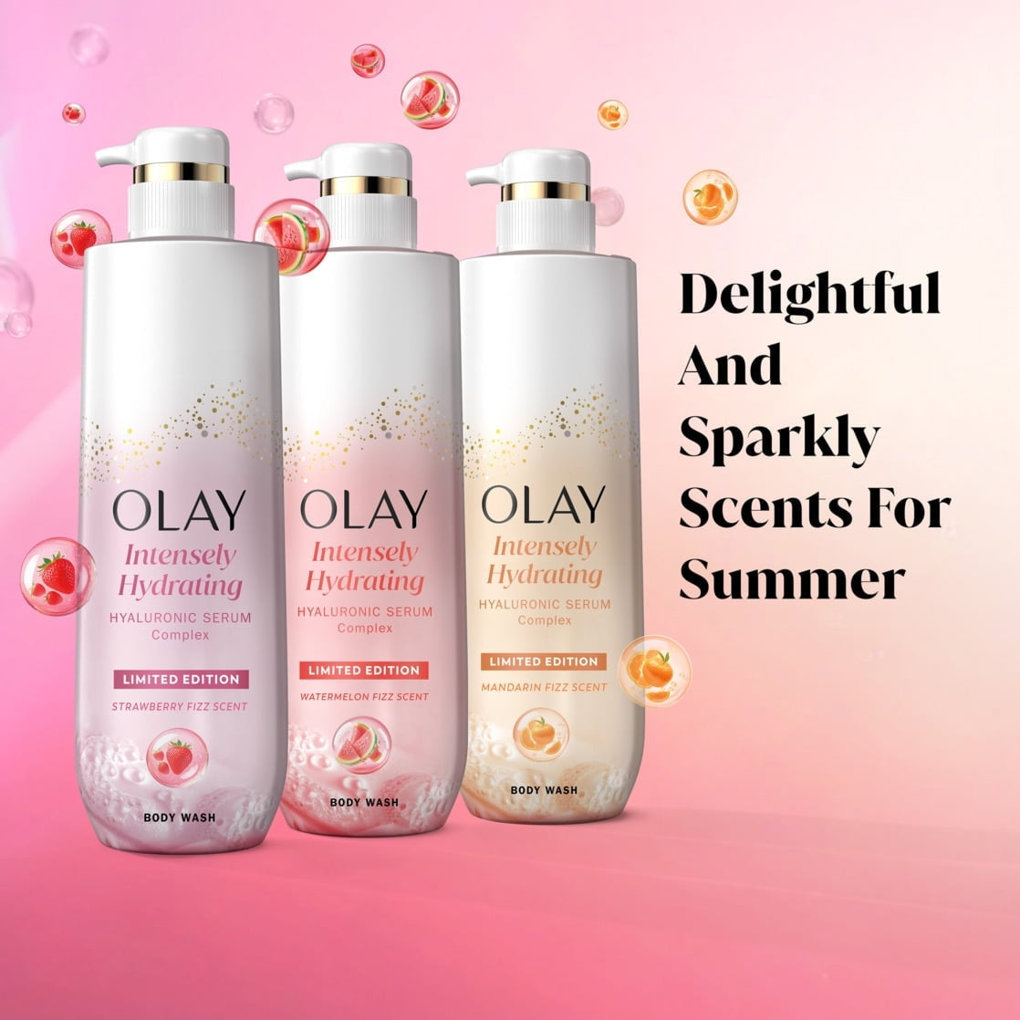Olay Intensely Hydrating Body Wash with Hyaluronic Serum Complex, Strawberry Fizz Scent, 20 fl oz