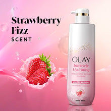 Olay intensely hydrating body wash bottle with pump, strawberry fizz scent, limited edition