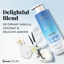 Olay Victory Vibes Vanilla body wash bottle with pump and creamy foam, blue label