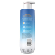 Body wash bottle with blue back label and white cap, Olay