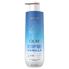 Blue Olay Victory Vibes Vanilla body wash bottle with pump, hyaluronic serum complex