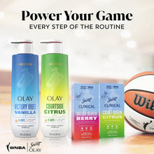 Olay Power Your Game lineup of Victory Vibes Vanilla and other body washes with basketball