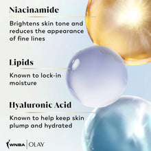 Moisturizing ingredient graphic listing Niacinamide, lipids, and hyaluronic acid with spheres