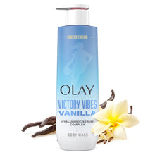 Body wash bottle, Olay Victory Vibes Vanilla with hyaluronic serum complex, front view